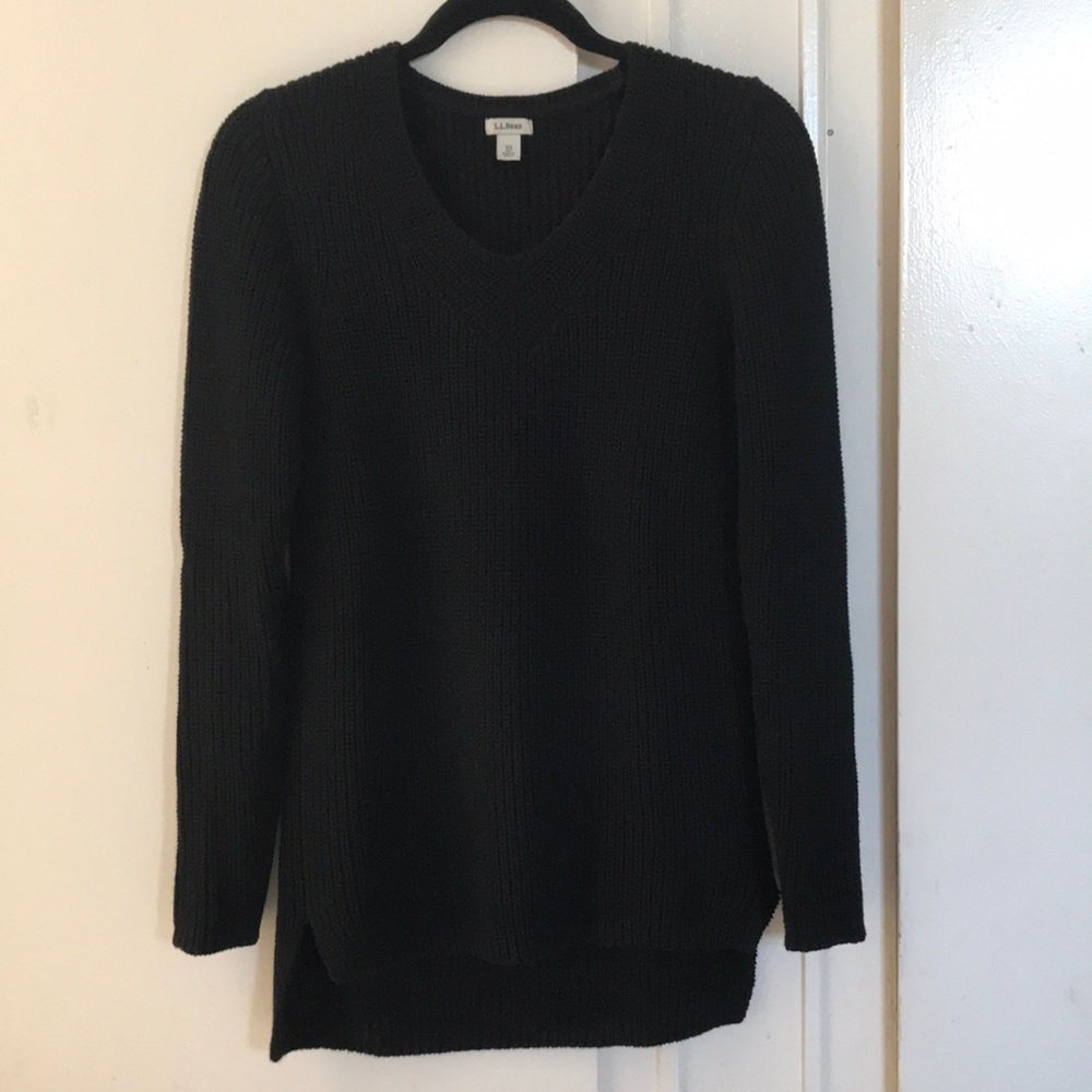 L L Bean Black V-Neck Shaker Stitch Pullover Cotton Sweater Tunic XS Excellent